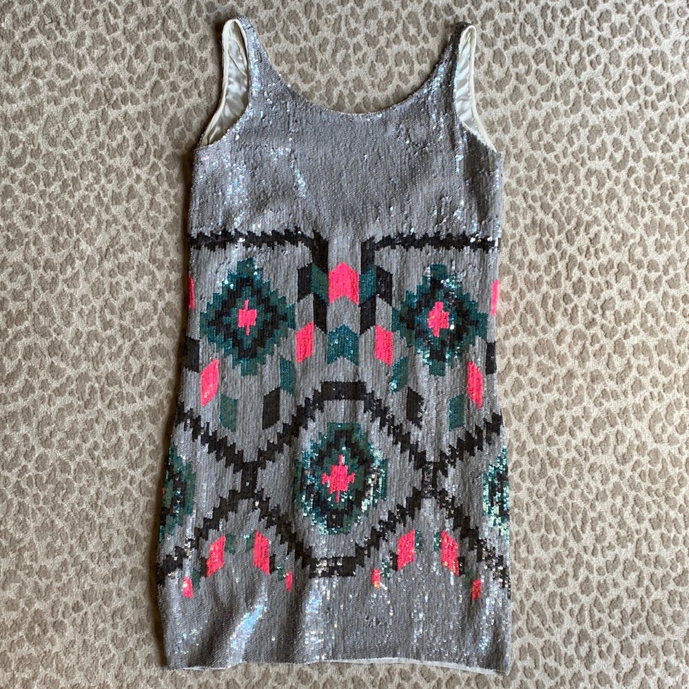 NWT Anthropologie KAS NY Aztec Print Silver & Pink Sequin Mini Dress, size S